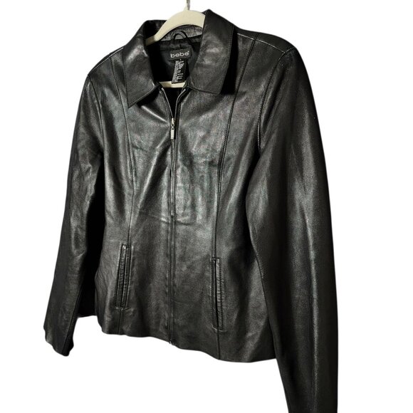 Bebe Womens Black Y2K Moto Biker Edgy Classic Capsule Sleek Leather Jacket Large - Picture 2 of 9